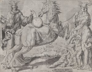 Tåbelig viden og tåbelig kærlighed, der forsøger at begrænse verden, fra The Unrestrained Wor..., 1550. af Dirck Volkertsen Coornhert