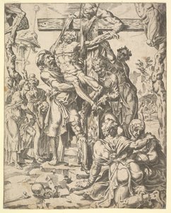 Nedstigningen fra korset, fra menneskehedens fald og frelse gennem livet og pa..., 1548. af Dirck Volkertsen Coornhert