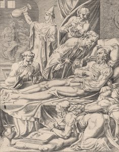 Den rige mand på sit dødsleje, fra Lignelsen om Lazarus og den rige mand, plade 2, 1551.