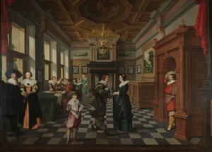 En syvdelt dekorativ sekvens: et interiør af Dirck van Delen