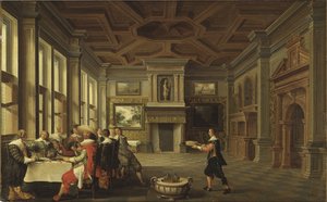 Diner distingue dans un interieur - Distinguished Dinner Company in an Interior, af Delen, Dirck van (ca. 1605-1671). Olie på lærred