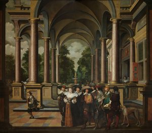 Galleri af et palads med ornamental arkitektur og søjler En syvdelt dekorativ sekvens: Et galleri af Dirck van Delen