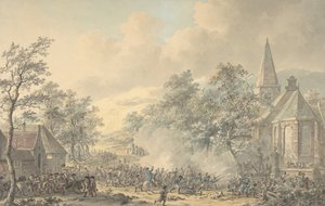 Kampscene med kirke til højre, ca. 1790-1800. af Dirk Langendijk