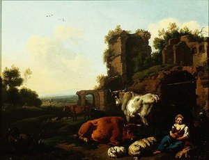 Landskab med hyrde, ca. 1670 (olie på panel) af Dirk van Berghen