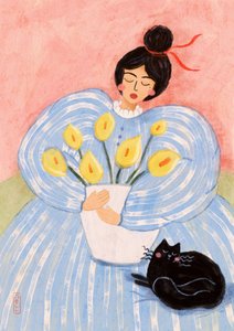Kvinde med blomster og kat