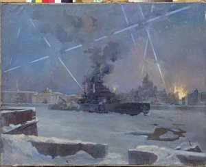 Tungt artilleri på Neva i Leningrad (Sankt Petersborg, Rusland) i 1942. (En kuras på den frosne flod forsvarer den brændende by mod luftangreb, under belejringen af ​​Leningrad). Afsnit af Anden Verdenskrig (1939-1945). Maler af Dmitri Nikiforovich Martynov