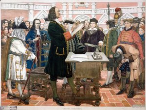 Præsentation af begyndere. Zar Peter I den Store (1672-1725) modtager og identificerer nye hofmænd og unge aristokrater i Rusland. Bag zaren, iført et blåt jakkesæt og sin hat under armen, med et ansigt