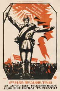 Den 1. maj er arbejdets fest. Længe leve proletariatets internationale enhed! - Moor, Dmitri Stachievich (1883-1946) - 1920 - Farvelitografi - 107x71 - Russisk Statsbibliotek, Moskva
