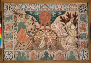 Scenegardindesign til operaen ""The Snow Maiden"" af Nicolas (Nikolai) Rimsky Korsakov (Rimsky-Korsakov) (1844-1908) (Gardindesign til operaen Snow Maiden af ​​N Rimsky Korsakov) - Værk af Dmitri Semyonovich Stelletsky ( 1875-1947), gb af Dmitry (Dmitrij) (1875 1947) Stelletsky