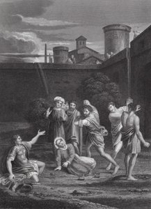 Steningen af Sankt Stefanus, Apostlenes Gerninger, kapitel VII, vers 54, 60 (gravering) af Domenichino (1581 1641) (after)