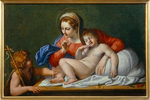 Jomfruen og Jesusbarnet med Johannes Døberen, også kendt som Stilheden - Jomfru Maria med barnet og Johannes Døberen ...