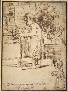 Karikatur af Aldobrandini-teologen, med en kvindelig dværg, der holder sin hund (pen og blæk på papir) af Domenichino