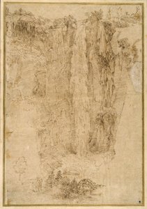 Landskab med en kaskade; Ved foden, to mænd, en monteret (pen & brun blæk på papir) af Domenichino