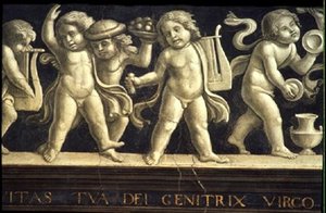 Frise af keruber, fra Jomfruens fødsel (fresko) (detalje af 60456) af Domenico Ghirlandaio