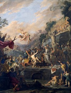 Martyrdom of Saint Lawrence, maleri af Domenico Gargiulo kaldet Micco Spadaro (1609 eller 1610-ca 1675), Italien