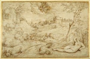Landskab med Roger og Angelica, fra "Orlando furioso", X, efter Tizian (pen og brun blæk på papir) af Domenico (attr. to) Campagnola