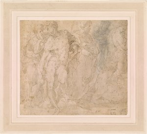 Beccafumi - Stående mandlig nøgen blandt en gruppe figurer, en af dem liggende, ca. 1530-1540 af Domenico Beccafumi