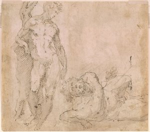 Beccafumi - Verso mandlig nøgenfigur, der læner sig op ad en træstamme, og en liggende mandlig nøgenfigur med tilbagelænet hoved, ca. 1530-1540 af Domenico Beccafumi