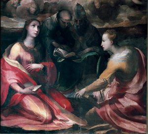 Kristus, der kroner Jomfru Maria og fire hellige, detalje: Sankt Maria Magdalena, Sankt Antonius af Padova (san antonio di padova), pave Sankt Gregoire I eller Den Store og Sankt Katarina af Alexandria. Maleri af Domenico Beccafumi (1486-1551) af Domenico Beccafumi