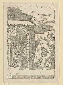Metallernes kald. Hefaistos (Vulkan) og en lærd står ved ilden i en smedje, mens guderne (som repræsentanter for metallerne) er skjult ude i klipperne: Saturn (bly), Jupiter (tin), Venus (kobber), Luna (sølv), Merkur (kviksølv af Domenico Beccafumi