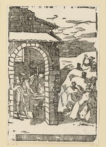 Metallernes kald. Hefaistos (Vulkan) og en lærd står ved ilden i en smedje, mens guderne (som repræsentanter for metallerne) er skjult ude i klipperne: Saturn (bly), Jupiter (tin), Venus (kobber), Luna (sølv), Merkur (kviksølv af Domenico Beccafumi