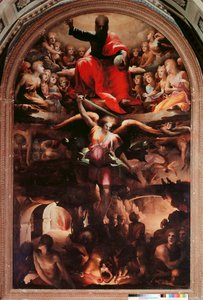 Saint Michael Chasing Rebel Angels Maleri af Domenico Beccafumi (1486-1551) 1526-1530 ca. Sol. 348x225 cm. Siena, Chiesa di San Niccolo al Carmine