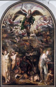 Sankt Michael jagter de oprørske engle (Rebelenglenes fald). Maleri af Domenico Beccafumi (1486-1551)