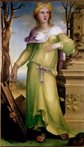 Tanaquil, hustru til Tarquin den Ældre, konge af Rom. Efter sin mands død sikrede hun arven efter sin svigersøn Servius Tullius. Maleri af Domenico Beccafumi (1486-1551), ca. 1519. Drik. Mål: 92x53 cm. London, National Gallery - Tanaqui