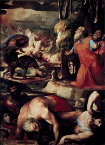 The Punishment of Core (Kore), Dathan (Datan, Nathan) og Aboron (Abiram) (The Punishment of Celestial Fire, episode af levitternes oprør mod Moses og lovens autoritet). Maleri af Domenico Beccafumi (1486-1551)