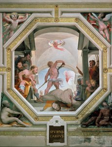 Halshugningen af ​​Spurius Cassius Vecellinus eller Viscellinus henrettet af sin far for at overveje at blive konge i 485 f.Kr. Fresco af Domenico di Giacomo di Pace dit Beccafumi (1486-1551) 1529-1535 Siena (Siena), Palazzo Pubblico af Domenico Beccafumi