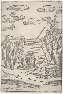 Forfalskeren står ved en ambolt og trækker en mand i lænker, fra serien The var..., ca. 1540-1550. af Domenico di Pace Beccafumi  