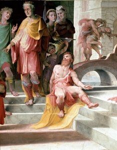 Ofringen af Seleucos de Locres (Seleucus de Locride) Seleucos for at blinde sin søn, for at straffe ham for en voldtægt, han havde begået, foretrækker at dø med et af hans øjne. Fresco af Domenico di Giacomo di Pace dit Beccafumi (1486-1551). Detalje. 1529 af Domenico Beccafumi