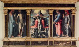 Treenighedens Triptykon: Sankt Cosimo (Kom eller Cosimo), Sankt Johannes Døberen, Treenigheden, Sankt Johannes Evangelisten og Sankt Damien. Indsæt "" INRI"" på krydset. Maleri af Domenico Beccafumi (1486-1551) af Domenico Beccafumi