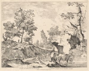 Landskab med hyrdinde og flok ved et vandhul af Domenico Bernardo Zilotti