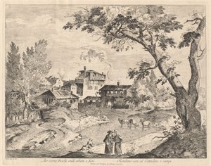 Rustik landsby langs en flod med rejsende af Domenico Bernardo Zilotti