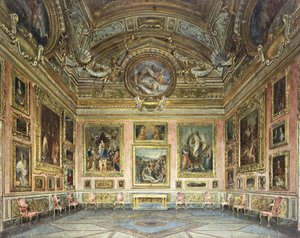 Palazzo Pitti, Firenze: Sala di Saturno med Peruginos "Lamentation" flankeret af malerier af Fra Bartolommeo og Raphael, af Domenico Caligo