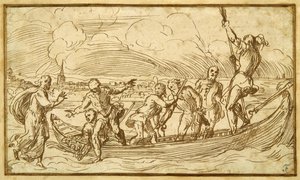 Kristus og Sankt Peter på vandet (pen og brun blæk på papir) af Domenico Campagnola