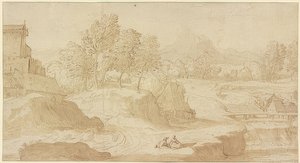 Figurlandskab, til højre en flod med bro nær møller, foran to siddende figurer af Domenico Campagnola