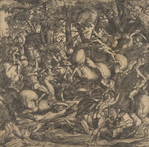 Gruppe af nøgne mænd engageret i kamp i et skovklædt landskab, nogle på hesteryg, en hund på..., 1517.