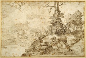 Landskab med astrologi (pen og brunt blæk på papir) af Domenico Campagnola