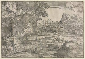 Landskab med Sankt Hieronymus og to løver af Domenico Campagnola