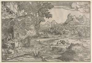 Landskab med Sankt Hieronymus og to løver, ca. 1530-35. af Domenico Campagnola