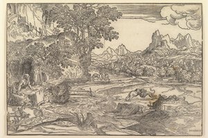Landskab med Sankt Hieronymus til venstre, der ser mod løve og bjørn, der kæmper ved cente..., ca. 1530-35. af Domenico Campagnola
