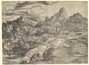 Landskab med familie gående sammen i forgrunden, til venstre to figurer med ..., ca. 1535-40. af Domenico Campagnola