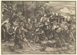 Maria sad under træer med baby, flankeret af Joseph til venstre og St. Hieronymus til højre, St..., 1517. af Domenico Campagnola