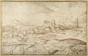 Bjerget landskab med en flod og en befæstet by med et tårn med spir (pen og brunt blæk på hvidt papir) af Domenico Campagnola