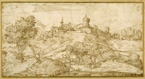 Bjergrigt landskab med en bjergomgivet by: en hyrde tiltalt, mens han passer sin flok i forgrunden (pen og brunt blæk på papir) af Domenico Campagnola