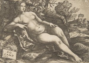Nøgen kvinde Venus tilbagelænet i et landskab, 1517.