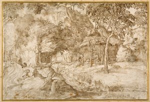 Pilgrimme, der besøger St. Jerome i ørkenen (pen og brunt blæk på hvidt papir) af Domenico Campagnola