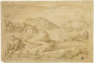 Flodlandskab med Saint Roch og et barn, der rejser med hund af Domenico Campagnola